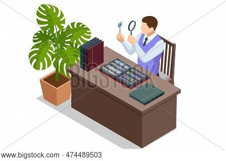 Isometric Stamp Collecting Concept. Old Vintage Collectible Postage Stamps Albums And Magnifying Gla