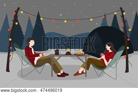 Couple Activity, Night Camping. Romantic Couple Tourists Rest Under  Night Sky Full Of Stars. Sittin