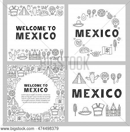 Set Of Mexican Welcome Posters With National Landmarks, Food And Attractions In Doodle Style And Spa