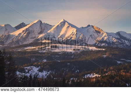 Charming Panorama Of The Polish Tatra Mountains In The Morning. View Of The Belianske Tatras From Th