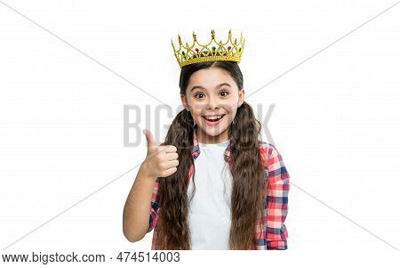 Teen Princess Girl Isolated On White, Thumb Up. Teen Princess Girl In Studio. Teen Princess Girl