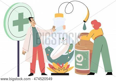 Natural Medicine Concept With Scientists Make Pill From Herbal Ingredients. Specialist Pharmacist Pr