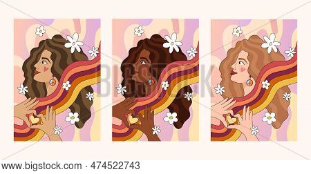 Groovy Hippie Girls Portrait With Rainbow Glasses, 70s Retro Women Face Different Skin Color Options