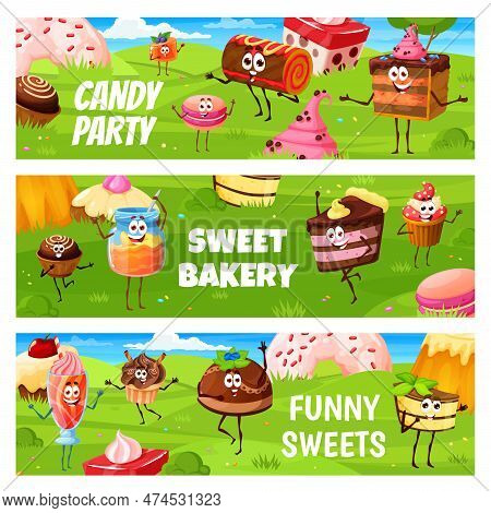 Candy Party Of Cartoon Desserts, Pastry And Cake Characters Having Fun On Meadow. Vector Sweet Food 