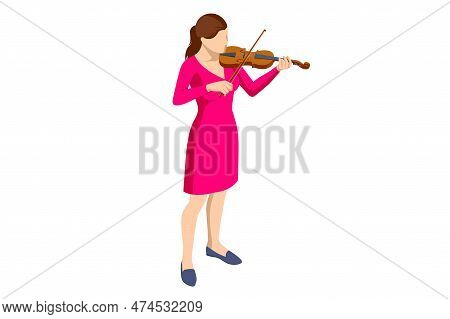 Isometric Violinist. Woman Playing The Violin. Classical Stringed Musical Instrument. Brown Violin A
