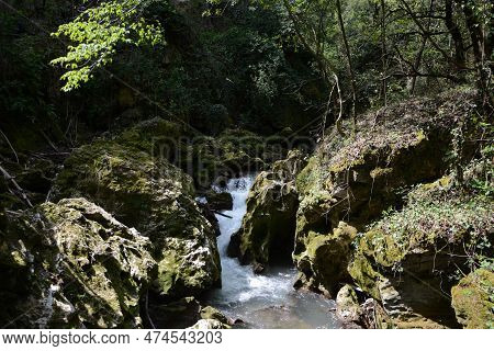Italy, Landscape Waterfall In The Forest Appennini Montain