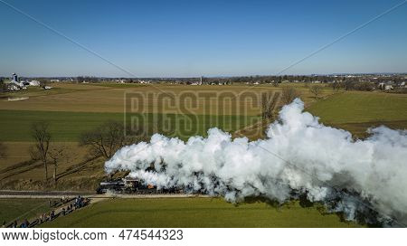 Ronks, Pennsylvania, February 18. 2023 - An Aerial View Of A Steam Double-header Freight , Passenger
