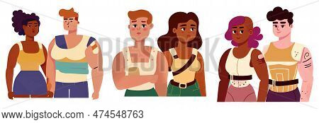 Set Vector Illustration Of Multi Ethnic People Bandaged After Surgery Gender Change Isolate On White