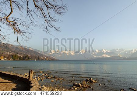 Thun, Switzerland, February 12, 2023 Water Promenade At The Schadau Park At The Lake Of Thun With A 