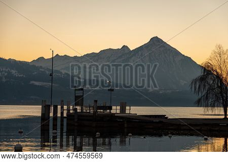 Unterseen, Canton Bern, Switzerland, February 12, 2023 Fantastic Alpine Landscape Scenery Just After