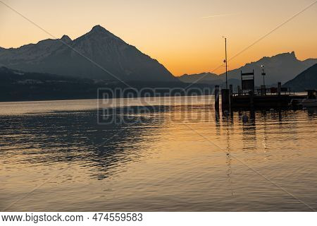 Unterseen, Canton Bern, Switzerland, February 12, 2023 Fantastic Alpine Landscape Scenery Just After