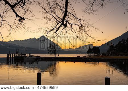 Unterseen, Canton Bern, Switzerland, February 12, 2023 Fantastic Alpine Landscape Scenery Just After