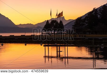 Unterseen, Canton Bern, Switzerland, February 12, 2023 Fantastic Alpine Landscape Scenery Just After
