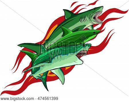 Vector Illustration Of Sharks On White Background