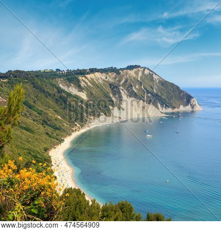 Summer Adriatic Sea Bay And Blossoming Spiaggia Mezzavalle Beach Near Portonovo And Ancona Towns In 