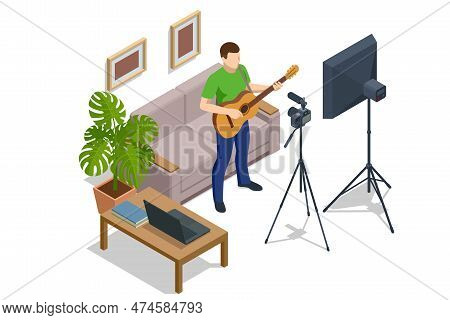 Isometric Man Playing An Guitar And Records Tutorial Video How To Play Electric Guitar, The Camera O