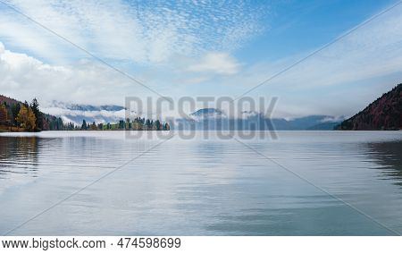 Mountain Alpine Autumn Overcast Evening Lake Walchensee View, Kochel, Bavaria, Germany. Picturesque 