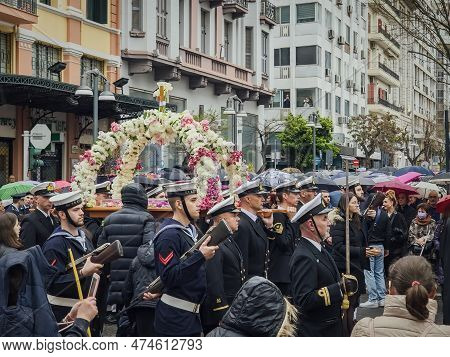 Thessaloniki, Greece April 14 2023: Good Friday Orthodox Easter Epitaph Procession. Crowd Attending