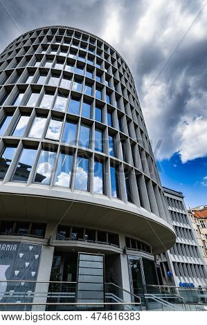 Poznan, Poland - July 2022: The Facade Of The Okraglak Building With A Business Center Located In Th