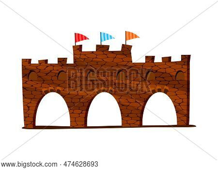 Stone Fortress Wall With Arches And Colorful Flags Flat Vector Illustration