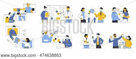 Business People Team Conversation, Discussion And Presentation, Office Workflow. Outline Business Te
