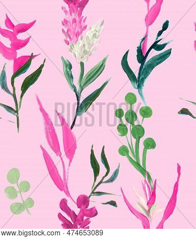 Bright Floral Tropical Seamless Pattern Without Seams Drawn In Gouache With Pink Flowers With Gouach