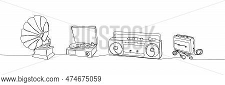Record Player Set, Turntable, Gramophone, Tape Recorder One Line Art. Continuous Line Drawing Of Vin
