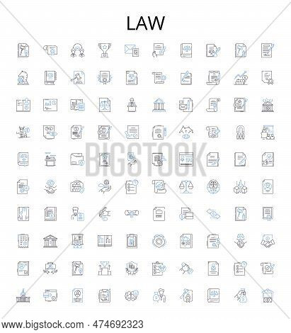 Law Outline Icons Collection. Lawyer, Attorney, Judgement, Regulations, Punishment, Litigation, Cont