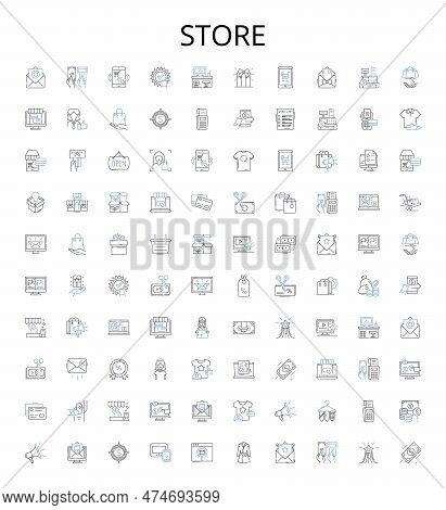 Store Outline Icons Collection. Shop, Outlet, Stock, Stockroom, Depot, Bazaar, Mart Vector Illustrat