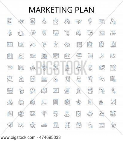 Marketing Plan Outline Icons Collection. Strategy, Tools, Budget, Promotion, Research, Analysis, Obj