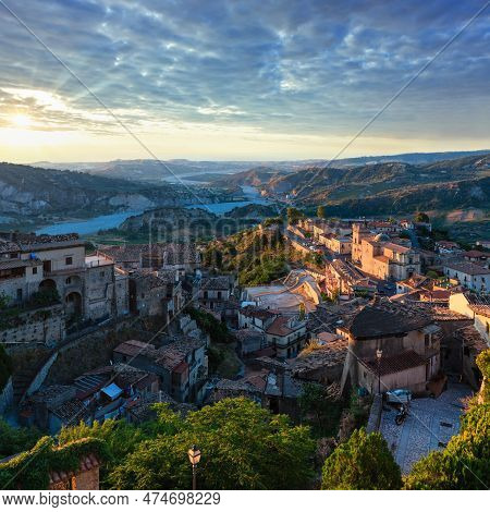 Sunrise Old Medieval Stilo Famos Calabria Village View, Southern Italy.
