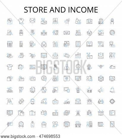 Store And Income Outline Icons Collection. Store, Income, Revenue, Sales, Profit, Margin, Markup Vec