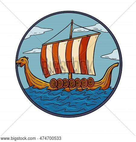 Viking Boat At Sea. Swedish Warship. Longship With Oars. Cartoon Scandinavian Sailboat. Nordic Drakk