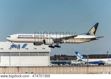 Narita - Japan, January 25, 2017: 9v-swl Boeing 777 Singapore Airlines Landing In International Nari