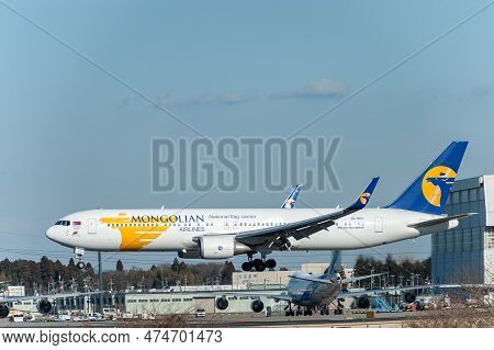 Narita - Japan, January 25, 2017: Ju-1021 Boeing 767 Miat Mongolian Airlines Landing In Internationa