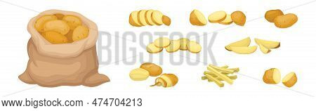 Whole Potato In Sack And Sliced As Root Vegetable Or Starchy Tuber Of Plant Vector Set
