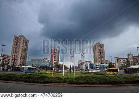 Novi Sad, Serbia - April 3, 2022: Panorama Of Bulevar Oslobodjenja Boulevard In Novi Sad With Buses 