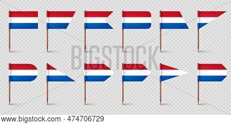 Realistic Various Dutch Toothpick Flags. Souvenir From Netherlands. Wooden Toothpicks With Paper Fla