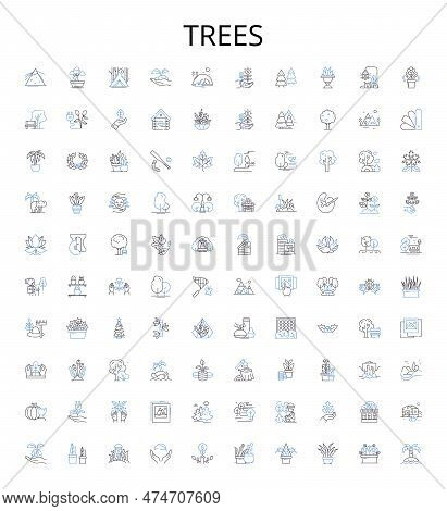Trees Outline Icons Collection. Tree, Oaks, Maple, Pines, Cedars, Ashes, Elms Vector Illustration Se