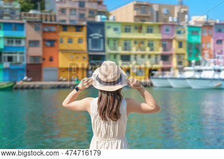 Woman Traveler Visiting In Taiwan, Tourist With Hat Sightseeing In Keelung, Colorful Zhengbin Fishin