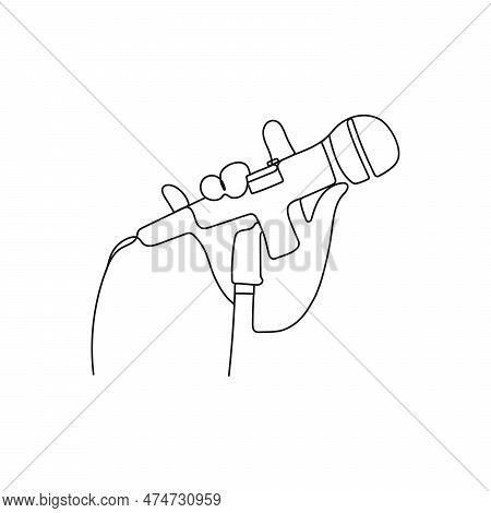 Hand Holding Wired Microphone. One Line Art. Standing Microphone. Hand Drawn Vector Illustration.