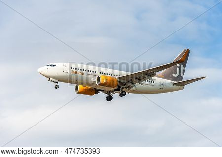 London, England - August 22, 2016: Oy-jty Jettime Jet Time Airlines Boeing 737 Landing In London Hea