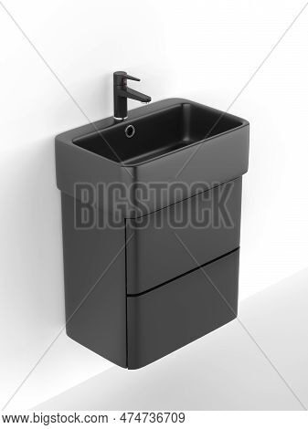 Black Wall-hung Wash Basin Cabinet And Faucet On White Wall, 3d Illustration