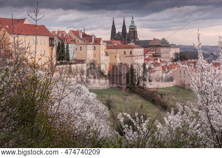 Romantic Spring View Of Prague Castle And Surrounding Historical Center Panorama On A Cloudy Day. Wa