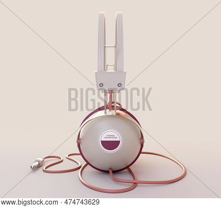 A Vintage Set Of Classic Headphones  With A Cable And Jack Plug In A Modern Pink Color Combination O