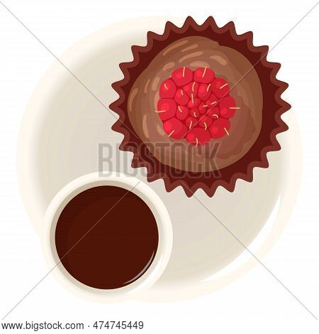 Raspberry Muffin Icon Isometric Vector. Chocolate Muffin With Raspberry And Tea. Dessert, Food Conce