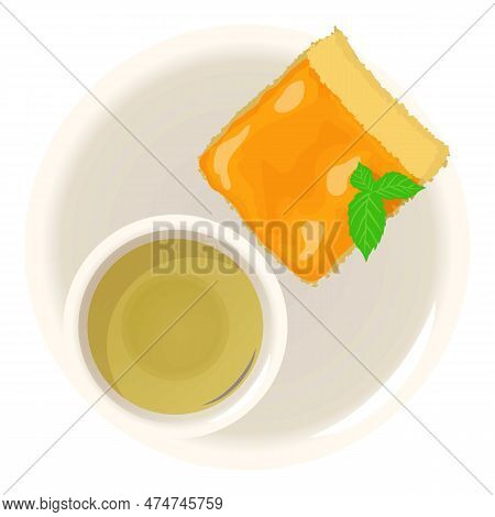 Apricot Cheesecake Icon Isometric Vector. Homemade Apricot Cake And Herb Tea Cup. Dessert, Breakfast