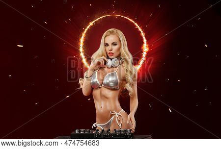 Hot Topless Dj In Neon Lights. Portrait Of Sexy Tdj At The Night Club Party. Mixtape Cover Design - 
