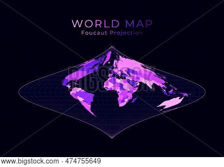 World Map. Foucaut's Stereographic Equivalent Projection. Digital World Illustration. Bright Pink Ne