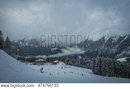 Skiing In Italy, Dolomites, Madonna Di Campiglio, Pinzolo. Cloudy Winter Day In January 2023